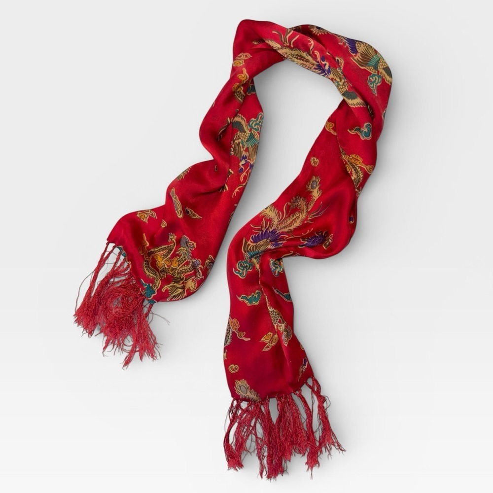 Vintage Red Dragon Motif Gold Embroidered Fringe 100% Silk Scarf Shaw